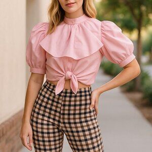 VINTAGE Y2K Bubblegum Puffy Short Sleeve Blouse S Top Punk Ruffle Barbie Pink
